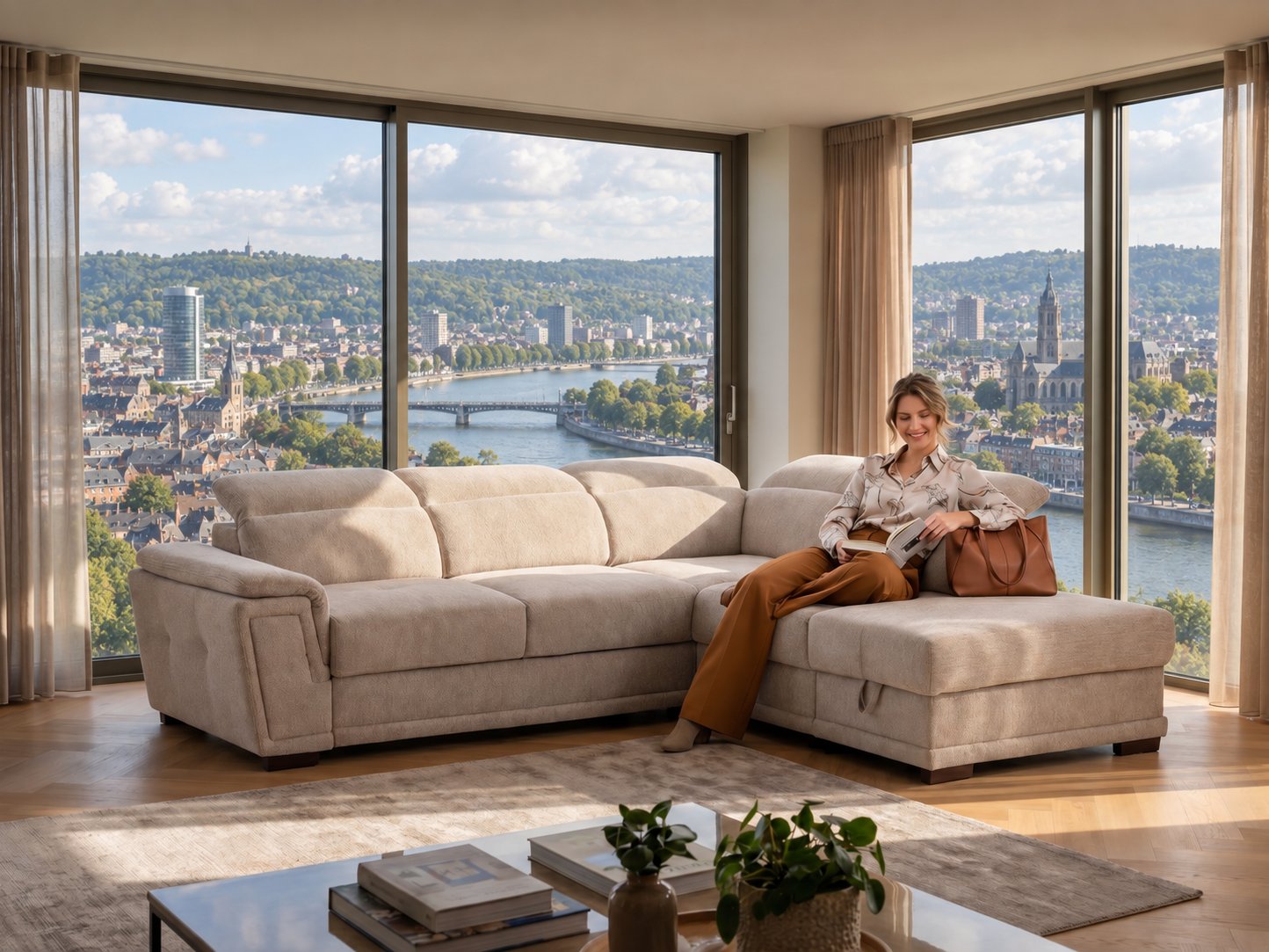 Canapé d'angle beige avec méridienne et appuie-têtes réglables dans un salon lumineux avec vue sur la Meuse et les toits de Liège
