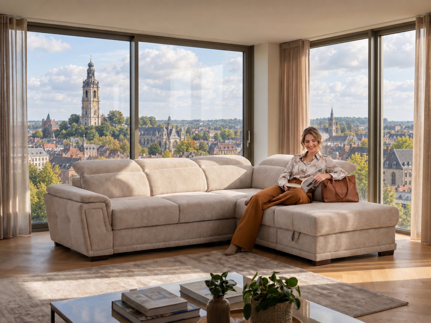Canapé d'angle beige avec méridienne et appuie-têtes réglables dans un salon lumineux avec vue sur le Beffroi de Mons