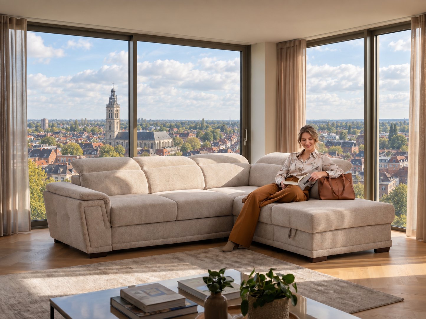 Canapé d'angle beige avec méridienne et appuie-têtes réglables dans un salon lumineux avec vue sur Mouscron et le clocher de l'église Saint-Barthélemy