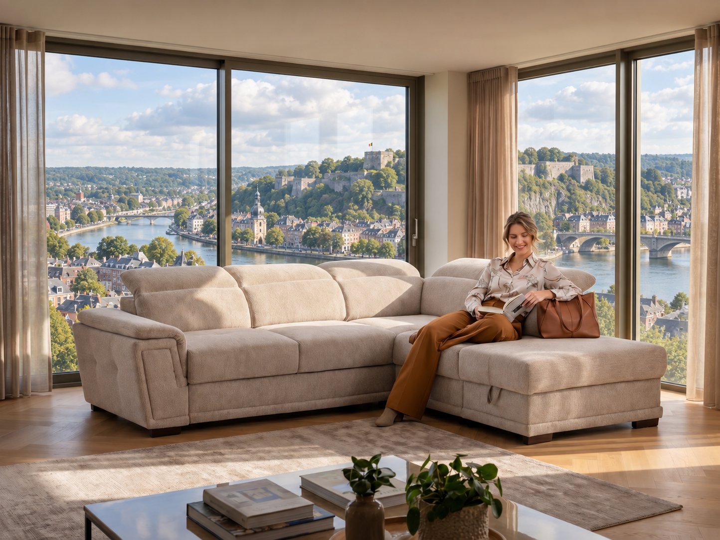 Canapé d'angle beige avec méridienne et appuie-têtes réglables dans un salon lumineux avec vue sur le confluent de la Meuse et de la Sambre et la Citadelle de Namur