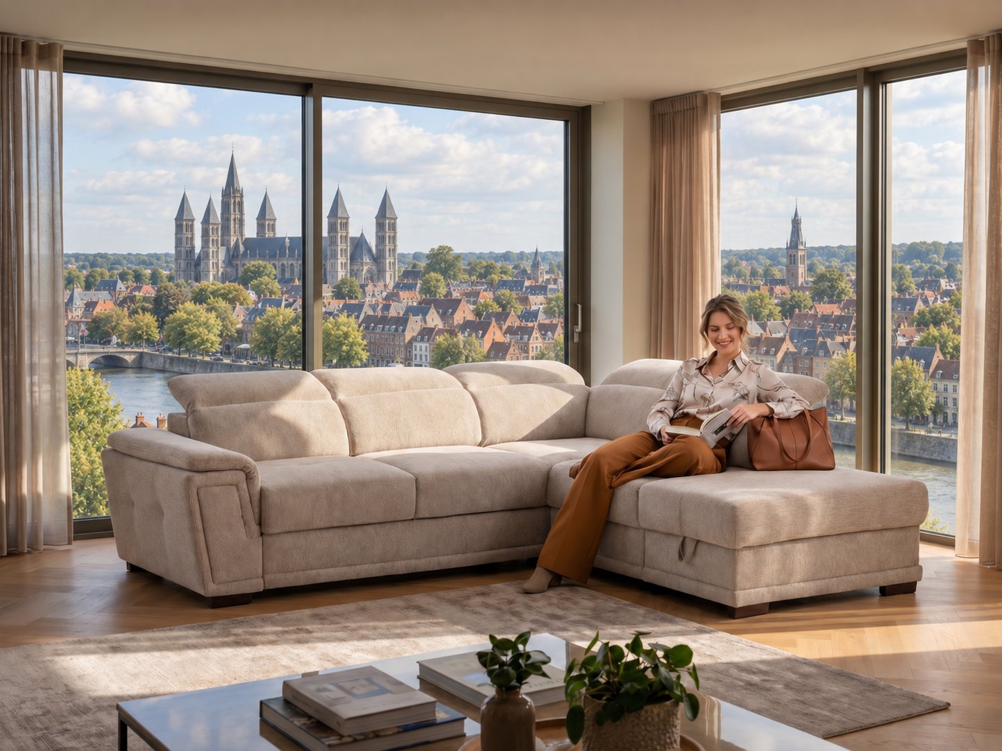 Canapé d'angle beige avec méridienne et appuie-têtes réglables dans un salon lumineux avec vue sur les cinq clochers de la cathédrale Notre-Dame de Tournai