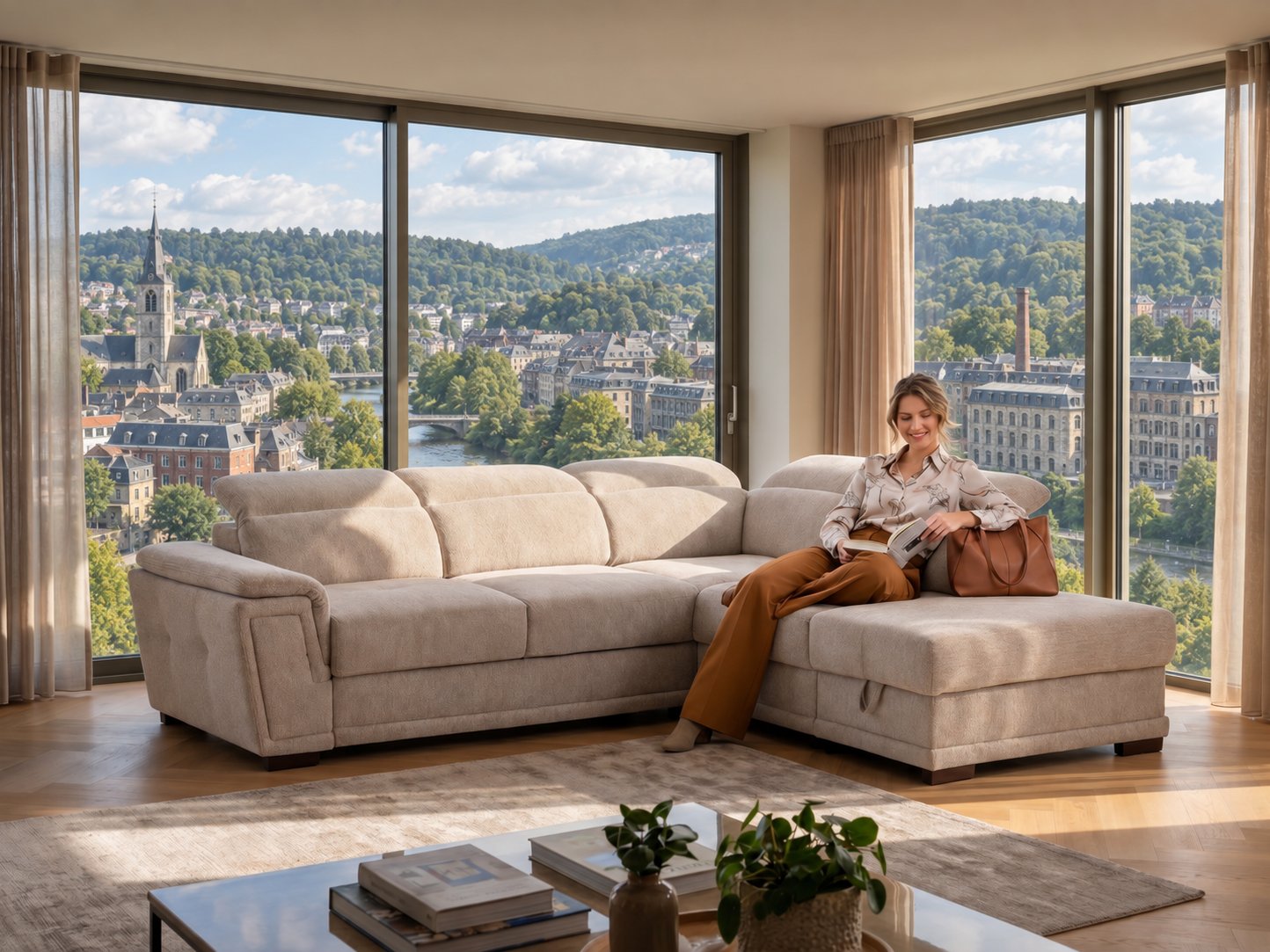 Canapé d'angle beige avec méridienne et appuie-têtes réglables dans un salon lumineux avec vue sur Verviers dans la vallée de la Vesdre